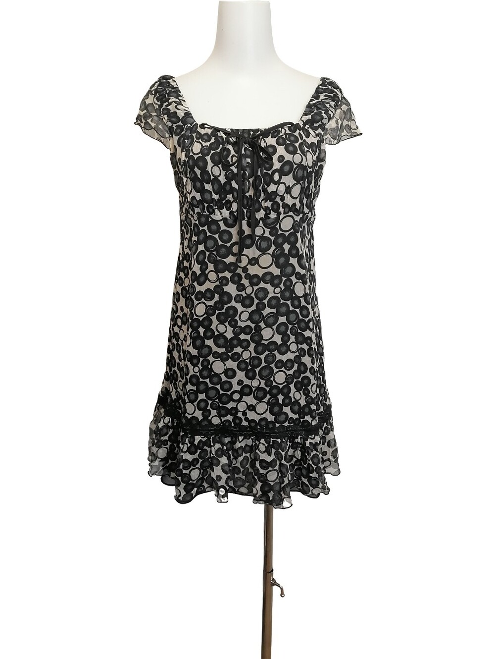 🐦🐦Black & White Polka Circle 100% Silk Ruffle Mini Dress
